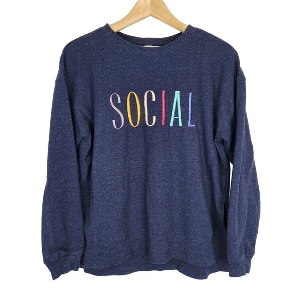 Wildfox SOCIAL Embroidered Sweatshirt Womens S Blue Crewneck Split Hem‎ - Picture 1 of 8